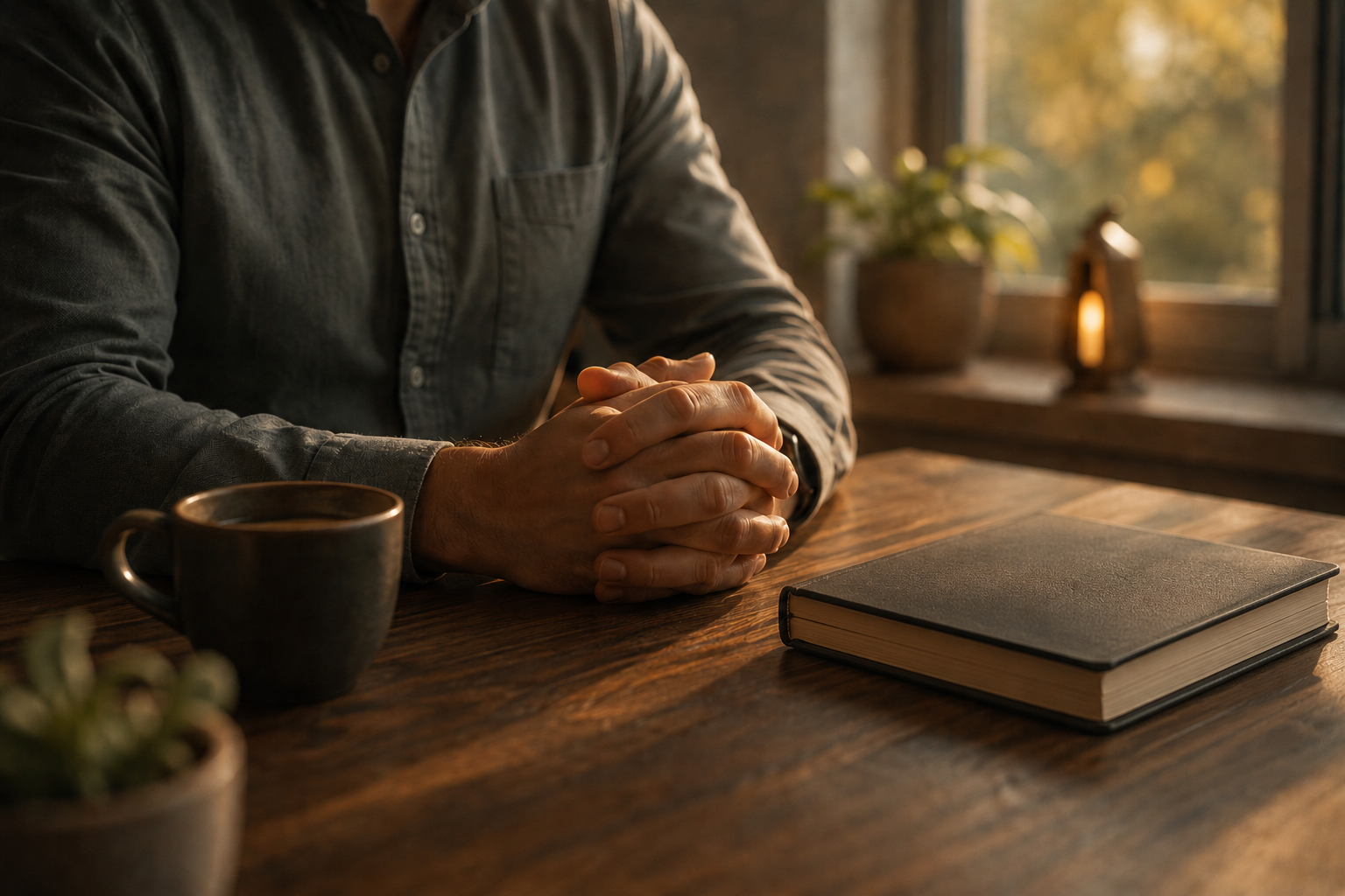 A practitioner's hands resting calmly on a wooden desk beside a notebook, warm morning light.
