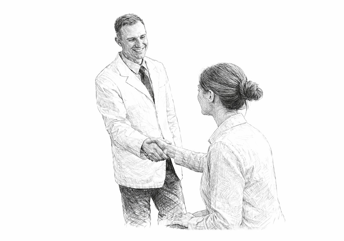 Sketch of a chiropractor shaking hands with a patient