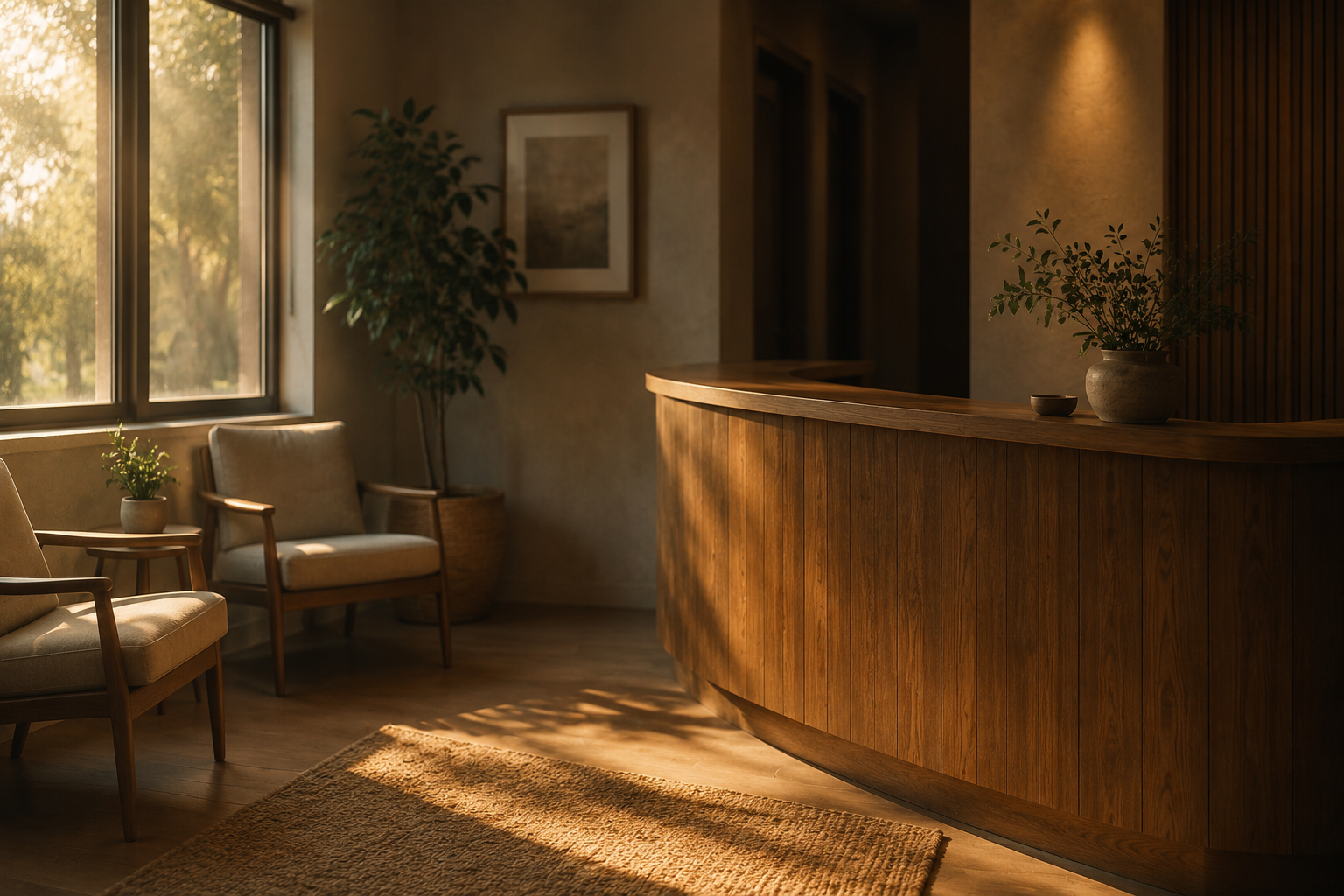 A quiet, warmly lit chiropractic reception area with mid-century chairs and morning light.