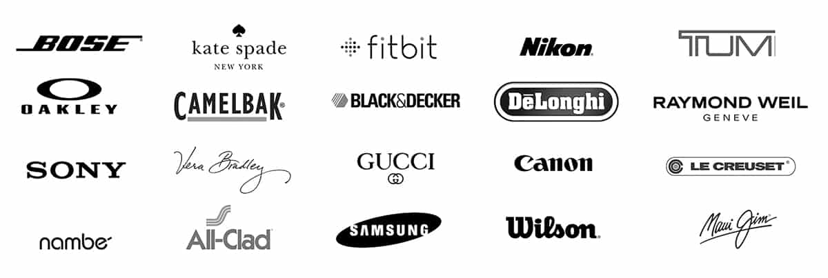 logos Bose, Kate Spade, Fitbit, Nikon, Tum, Oakley, Camelbak, Black and Decker, DeLonghi, Raymond Weil, Sony, Vera Bradley, Gucci, Canon, Le Creuset, Nambe, All-Clad, Samsung, Wilson, Maui Jim logos