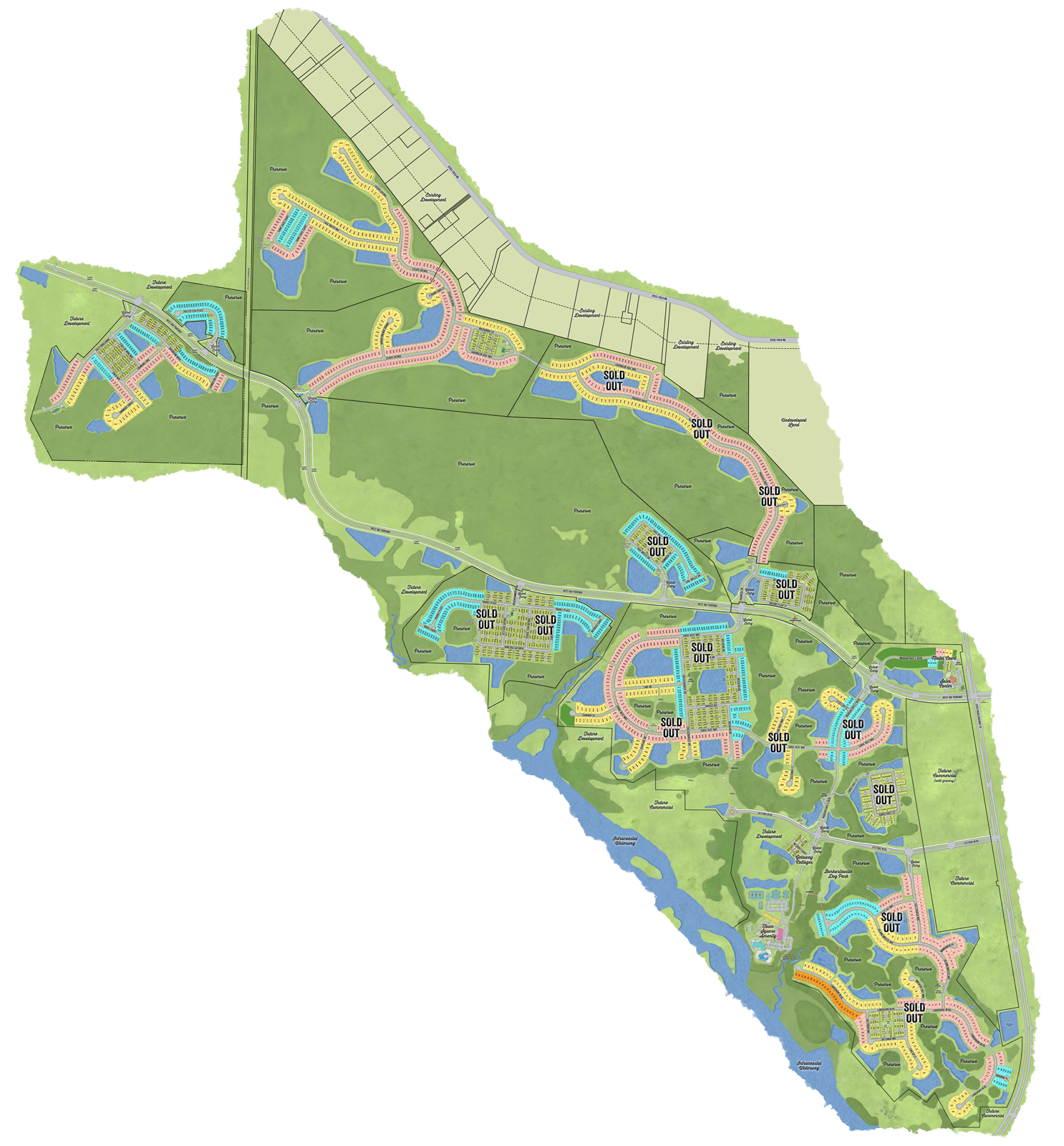 Latitude Margaritaville Watersound overall community siteplan displaying arieal view of property lakes, ponds and newly released area for new home development.