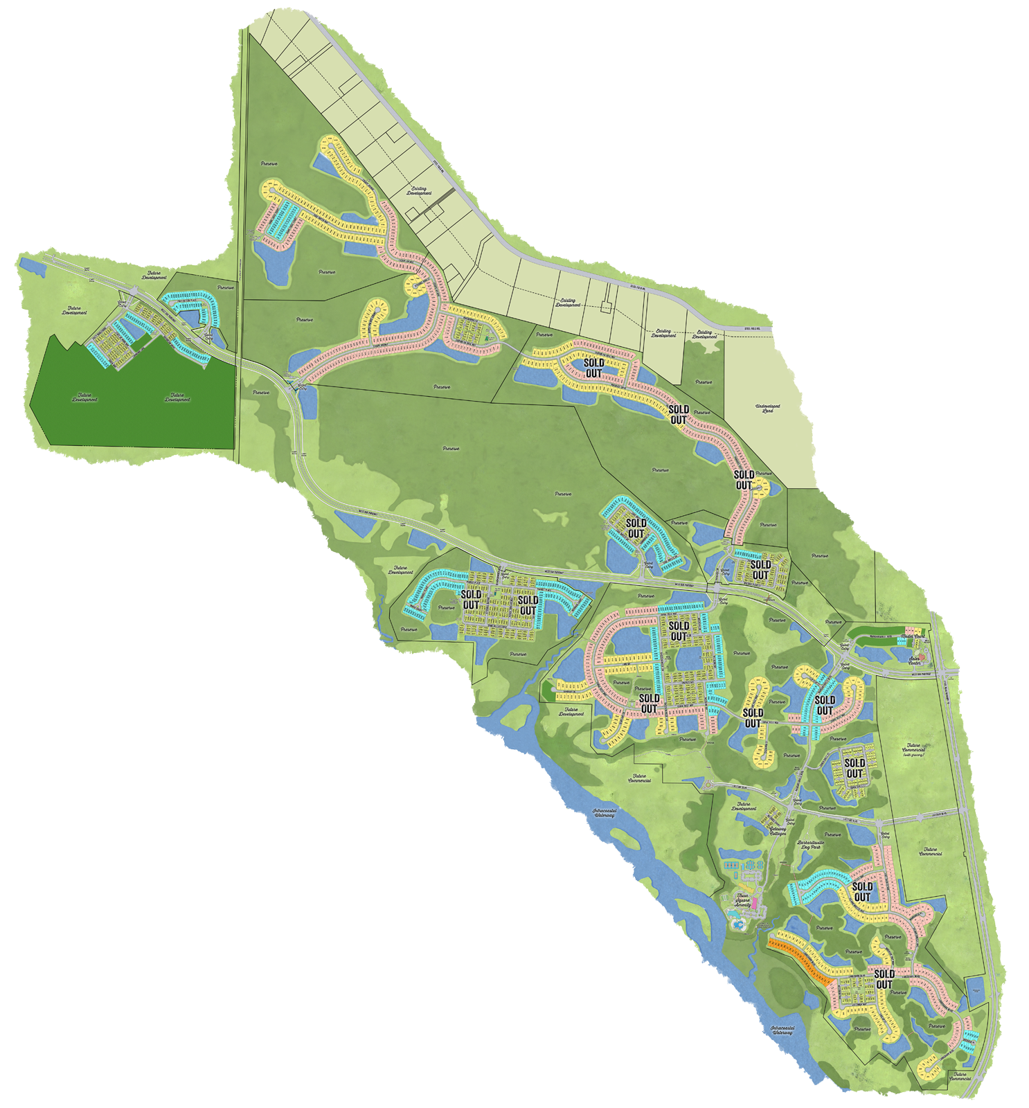 Latitude Margaritaville Watersound overall community siteplan displaying arieal view of property lakes, ponds and newly released area for new home development.