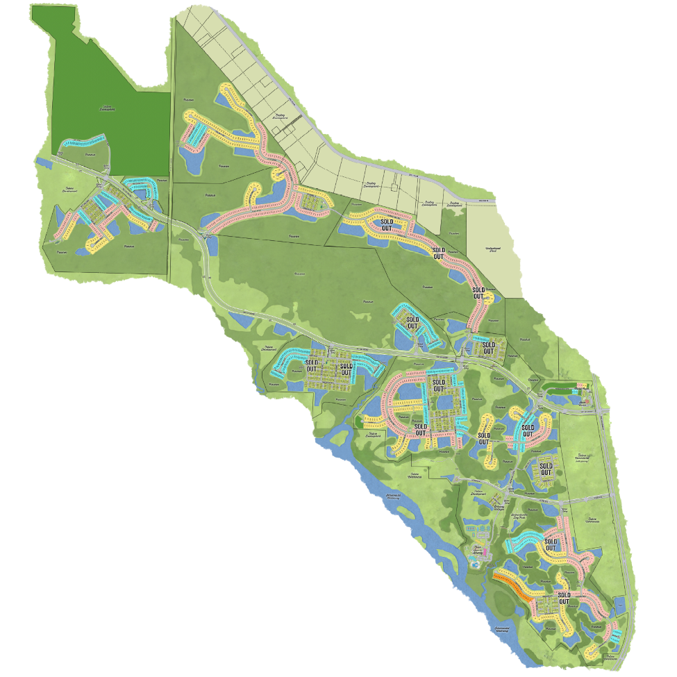 Latitude Margaritaville Watersound overall community siteplan displaying lakes, ponds and newly released area for new home development.