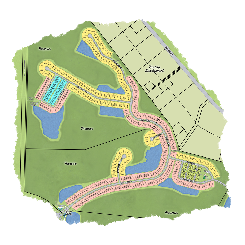 Latitude Margaritaville Watersound site plan for the Phase 7-8 Homesite Release: Cottages, Villas, and Single Family Homes.