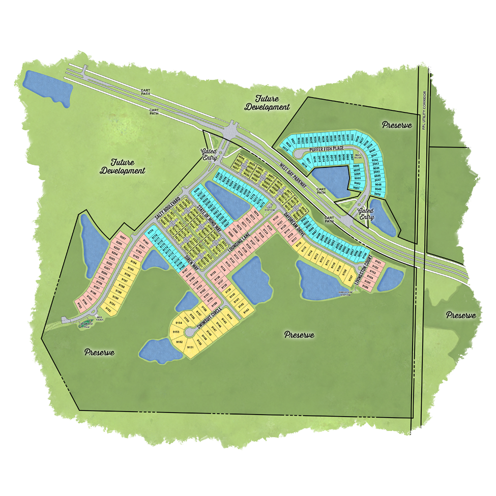 Latitude Margaritaville Watersound site plan for the Phase 9 Homesite Release: Cottages, Villas, and Single Family Homes.