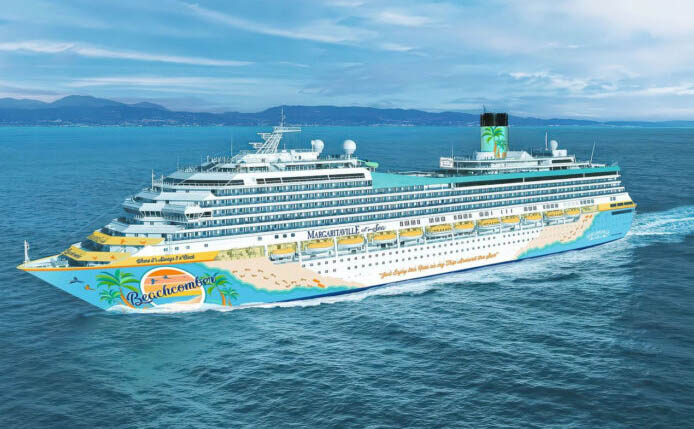 Margaritaville at Sea Beachcomber cruise ship on a crystal clear aqua ocean with islands in the background.