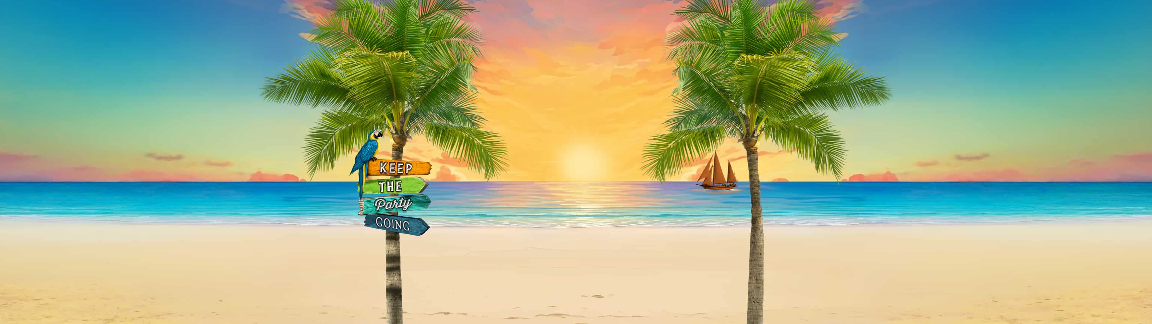 Illustrated tropical beach at sunset, with two palm trees framing calm turquoise water and a small sailboat on the horizon
