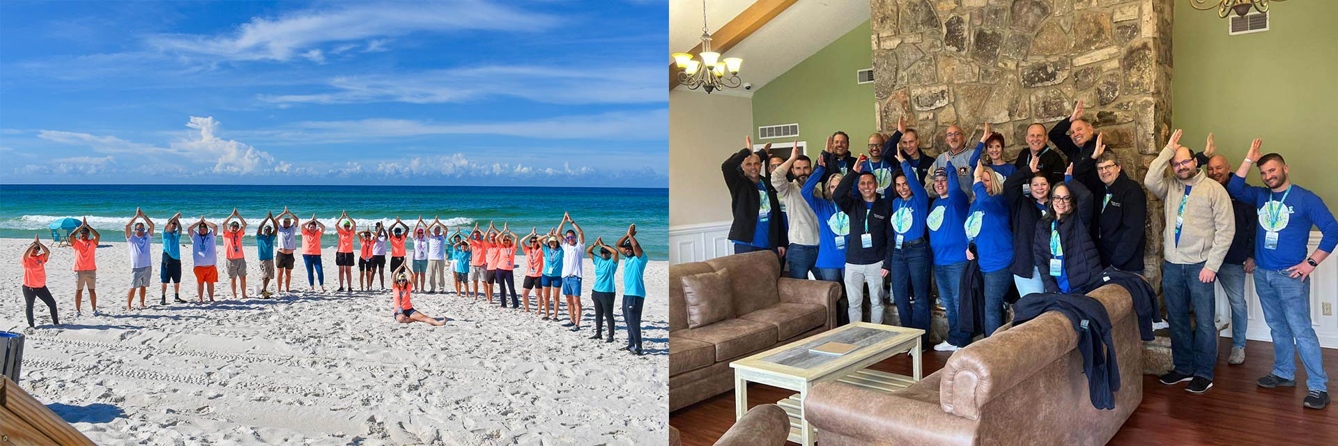 MLarge groups of people doing the Fins Up sign above their head