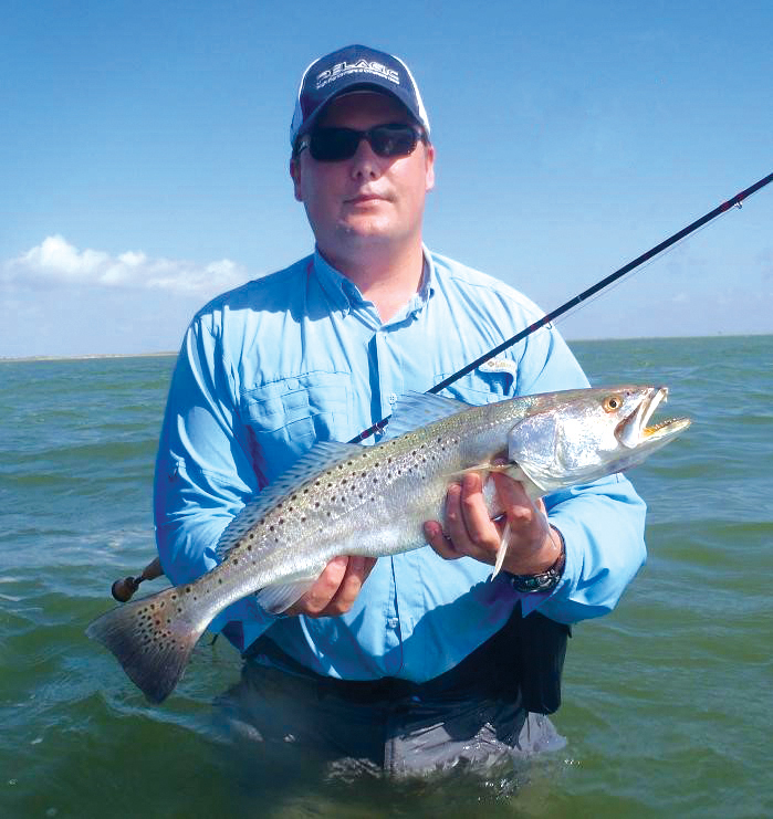 Travis Land caught this decent trout in water about waist-deep, on a soft plastic, while fishing with the captain in August. Lessons Gleaned (Part 3)