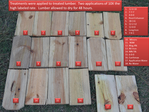 Treated lumber showing stains from 16 liquid fertilizers.