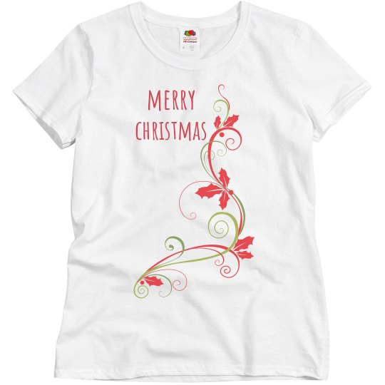  Floral Merry Christmas Ladies Tee Shirt
