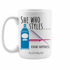 She Who Styles Knows Happiness Coffee Mug - Cosmetology
