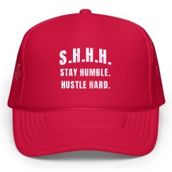 SHHH! STAY HUMBLE HUSTLE HARD PEARL TEXT TRUCKER CAP