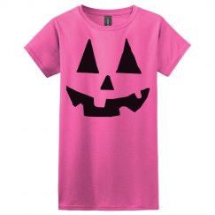 Halloween Jack O Lantern face women's pink t shirt. 