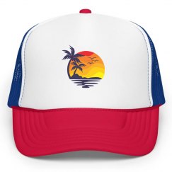 Graphic Palm Tree Sunset Neon Trucker Hat