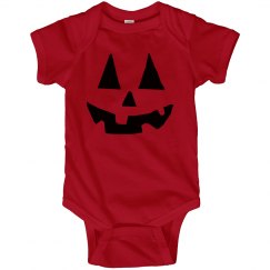Halloween Jack O Lantern face infant red onesie. 