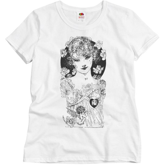 Beautiful Lady Black & White w/ Flowers & Cherubs