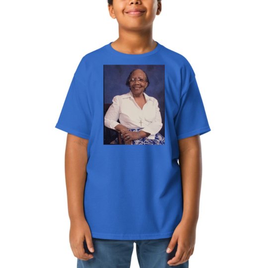 Blue youth tee w/granny Mac graphic (Without names)