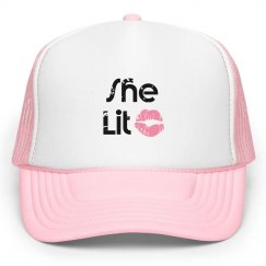 She Lit Black Text Pink and White Trucker Cap