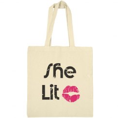 She Lit Black Text Bargain Tote