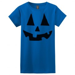 Halloween Jack O Lantern face women's blue t shirt. 