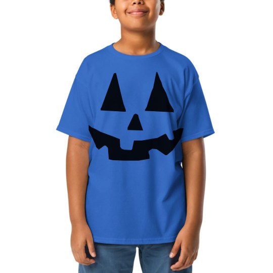 Halloween Jack O Lantern face kids blue t shirt. 
