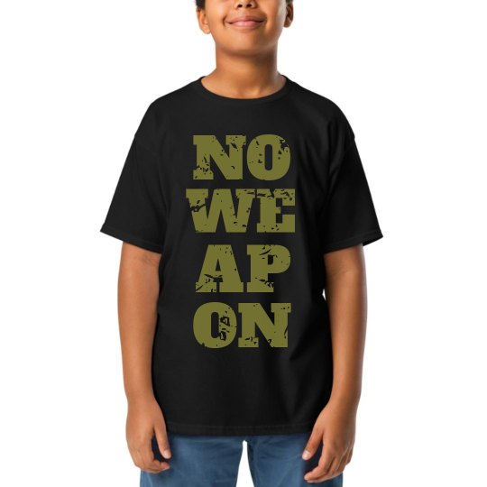 NO WEAPON Shall Prosper Olive Green Text Youth T-Shirt