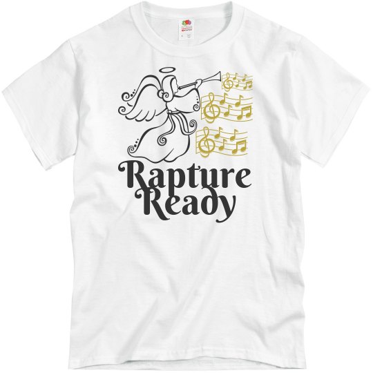 Rapture Ready Angel White Tee w/Black, & Gold graphic
