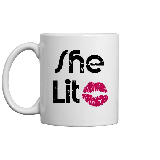 She Lit Black Text Mug