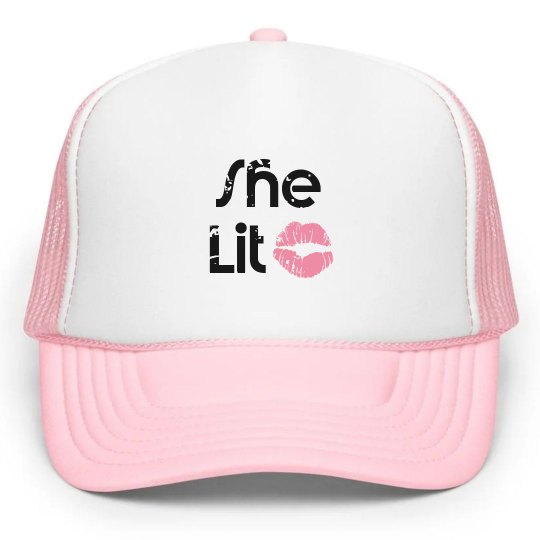She Lit Black Text Pink and White Trucker Cap