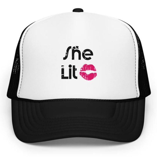She Lit Black Text Trucker Cap