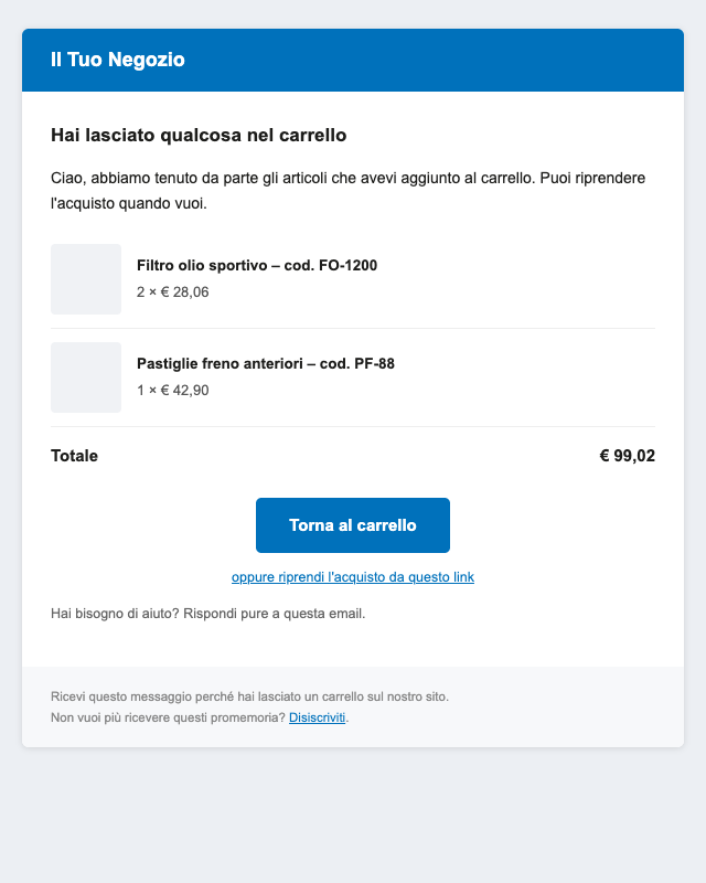Esempio dell email di promemoria ricevuta dal cliente