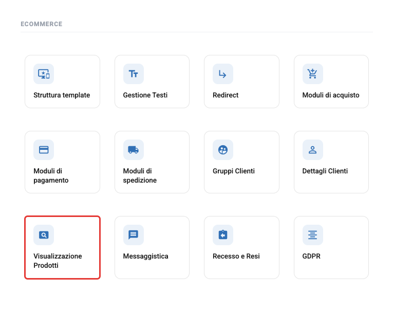 La sezione ECOMMERCE del Pannello di controllo