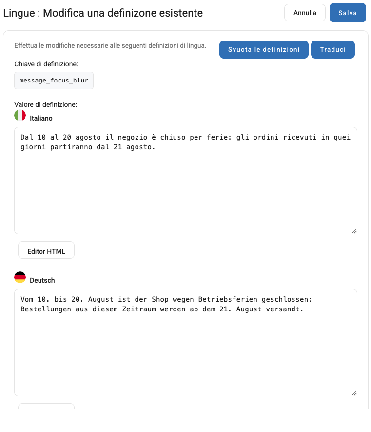 La modifica della definizione, con un campo per lingua