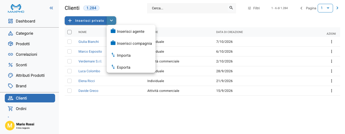 L'elenco dei clienti con il menu del pulsante Inserisci privato aperto