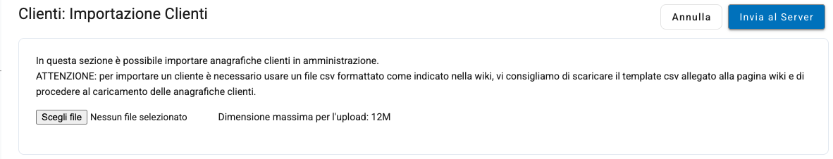 La pagina di importazione dei clienti