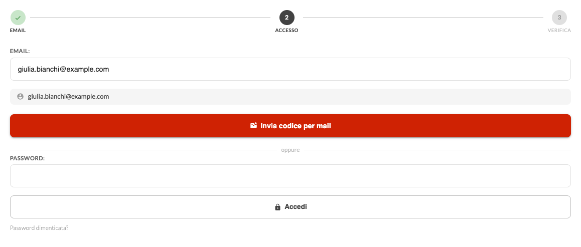 La pagina di accesso del sito con Invia codice per mail e Password dimenticata