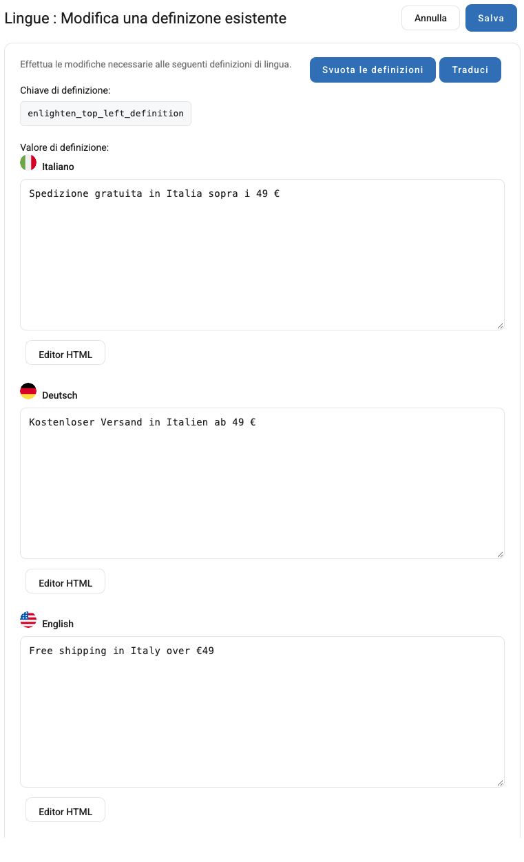 La modifica di una definizione, con un campo per ogni lingua