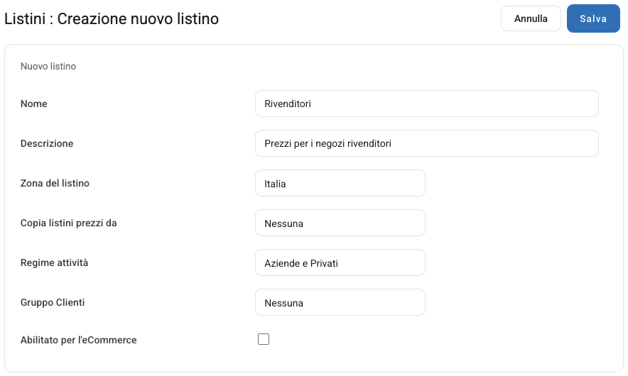 La creazione di un nuovo listino