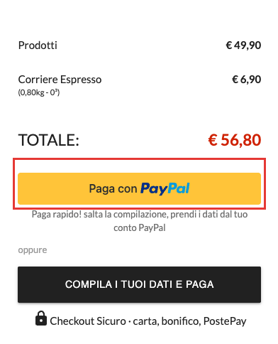 Il pulsante Paga con PayPal nel carrello