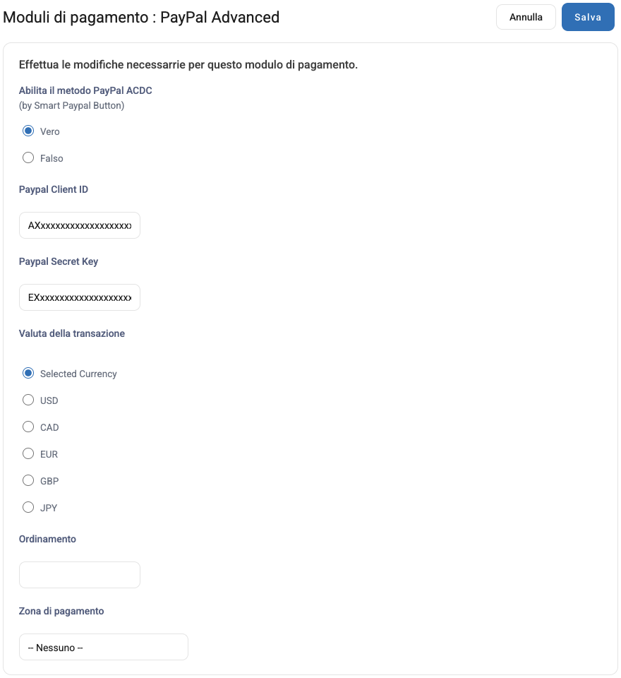 Le impostazioni di PayPal Advanced