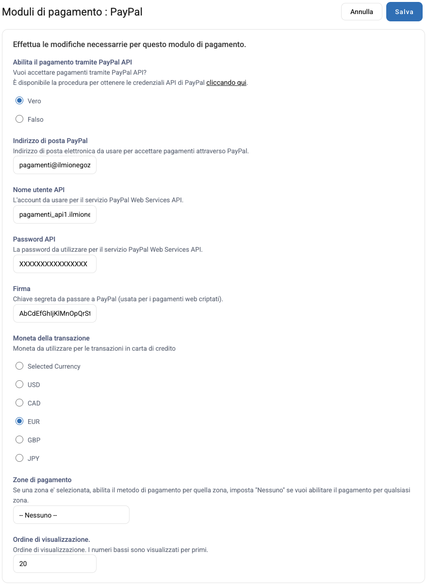 Le impostazioni del modulo PayPal
