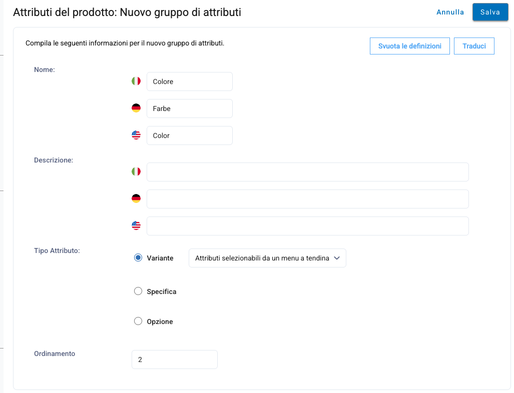 Il modulo per un nuovo gruppo di attributi