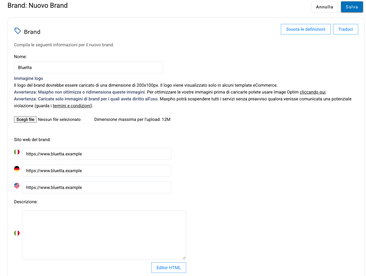 Il modulo per un nuovo brand