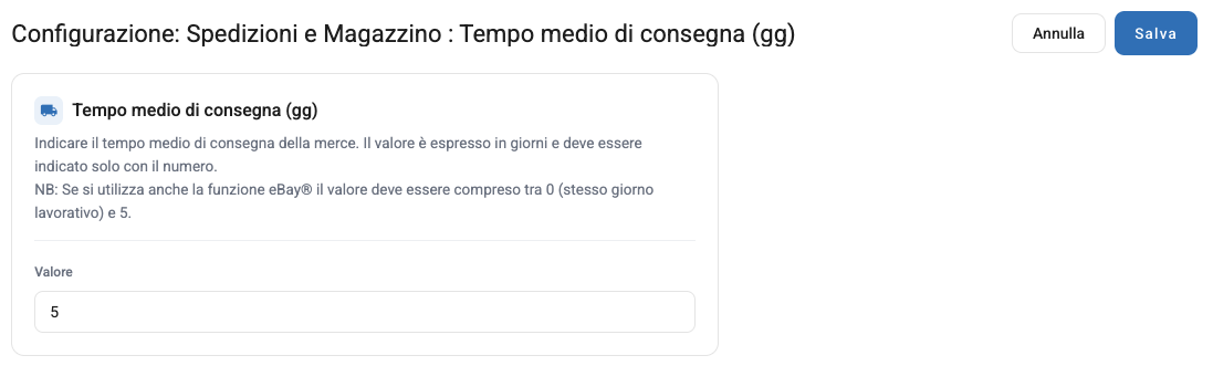 L'impostazione Tempo medio di consegna (gg)