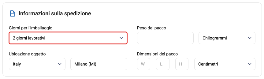 La tendina Giorni per l'imballaggio nella scheda del prodotto