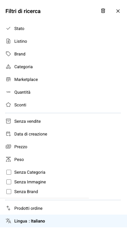 Il pannello Filtri di ricerca
