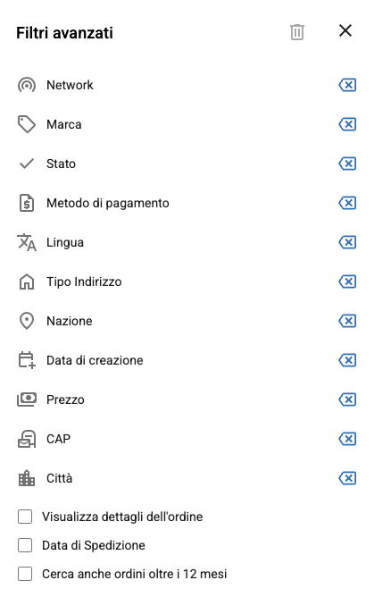 Il pannello Filtri avanzati