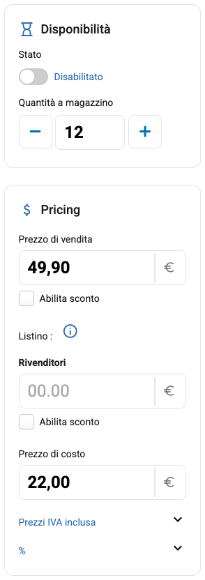 I riquadri Disponibilità e prezzi di un prodotto