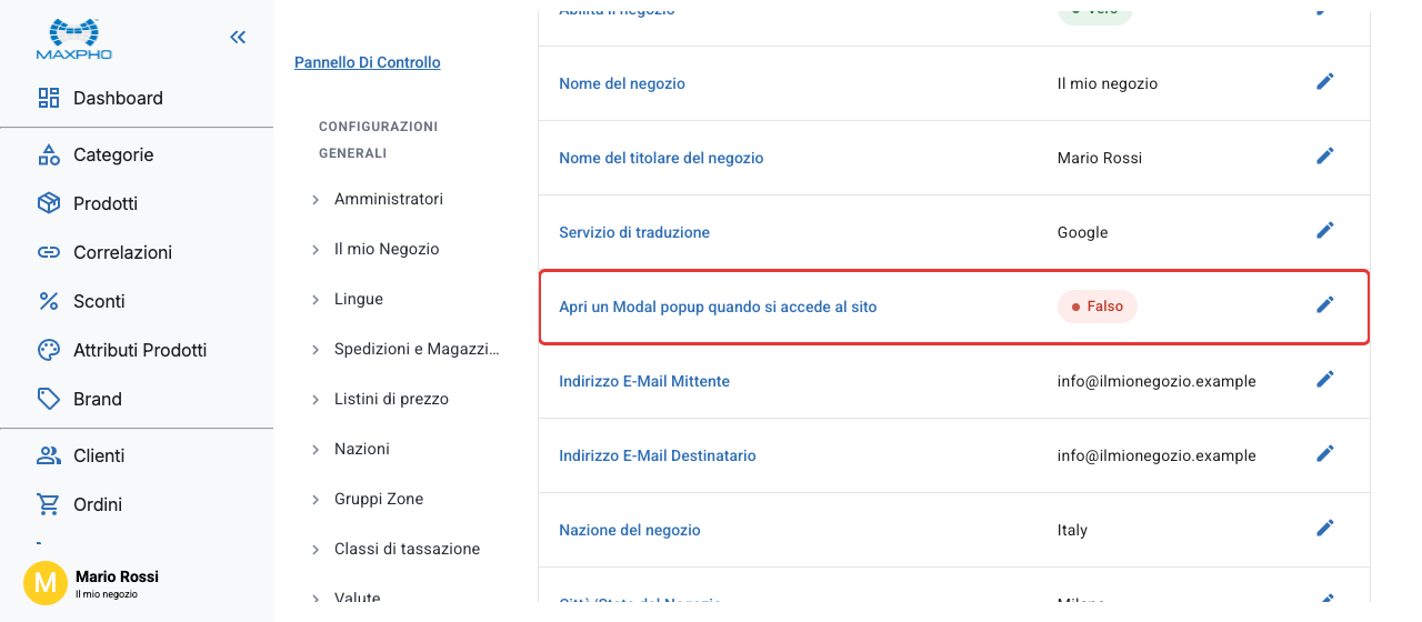 La riga Apri un Modal popup quando si accede al sito